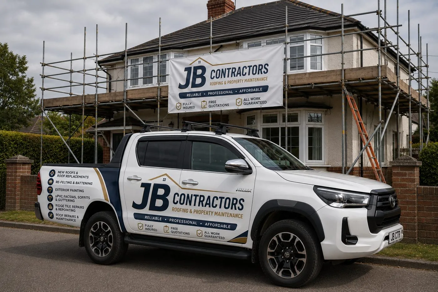 Ivybridge Roofing pickup truck on site at a scaffolded roofing job in Ivybridge